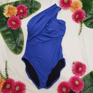 Aqua Green blue, one peice, off the shoulder, fitted bathing suit